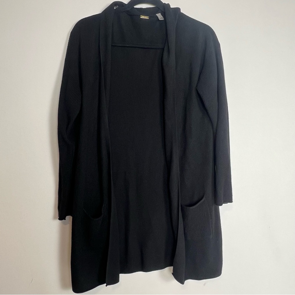 Tahari Black Ribbed Knit Tunic Length Open Front Cardigan Sweater Pockets Medi